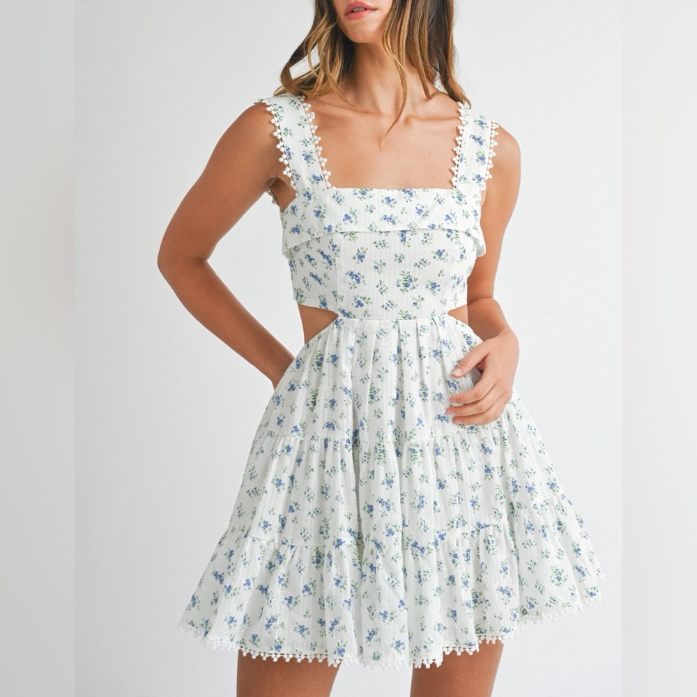 Floral Cut-Out Mini Dress | Cottagecore Ruffle Summer Dress | Blue & White